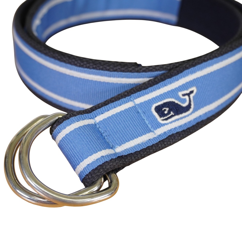Vineyard Vines D-Ring Belt Mens M Blue Striped Whale Logo Canvas Grosgrain